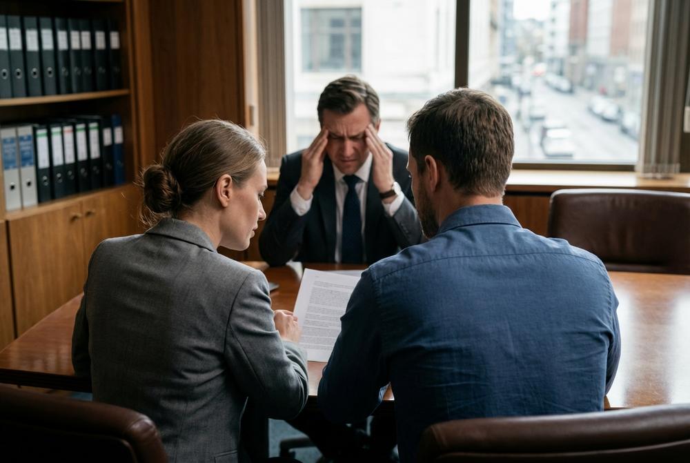 Prawnik analizuje dokumenty i roszczenia przeciwko bankowi przy biurku z laptopem i kalkulatorem