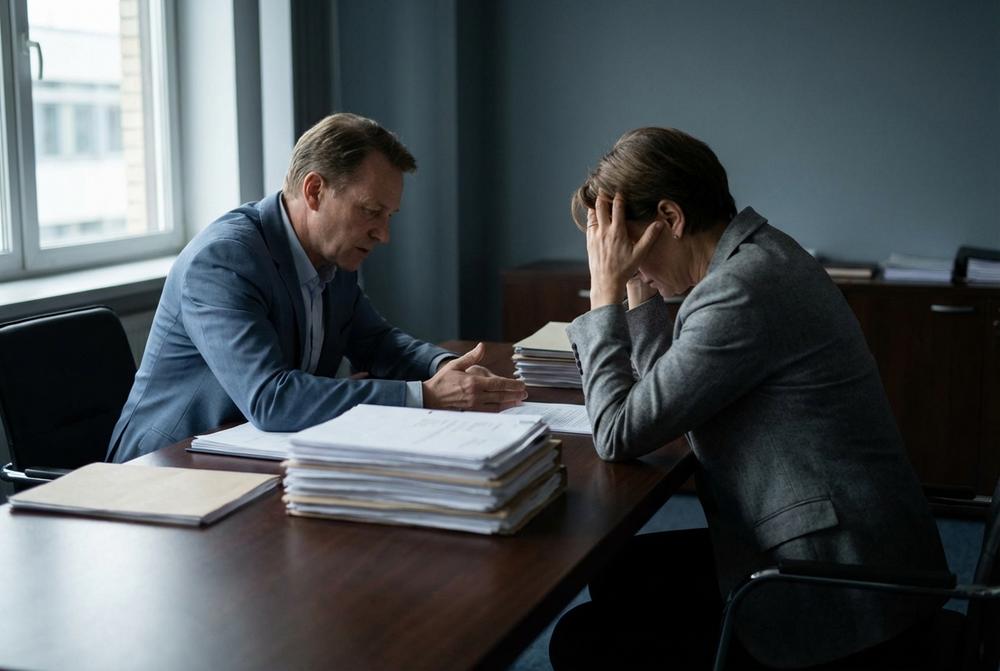 Prawnik analizuje dokumenty i kalkulator, przygotowując roszczenia przeciwko bankowi